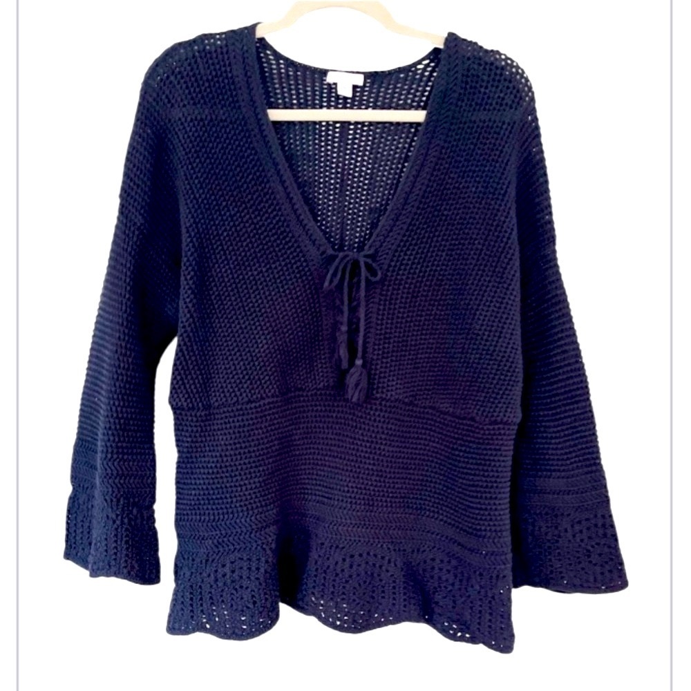 J Jill Open Knit Bell Sleeve Crochet Cotton Sweater Top Petite Large